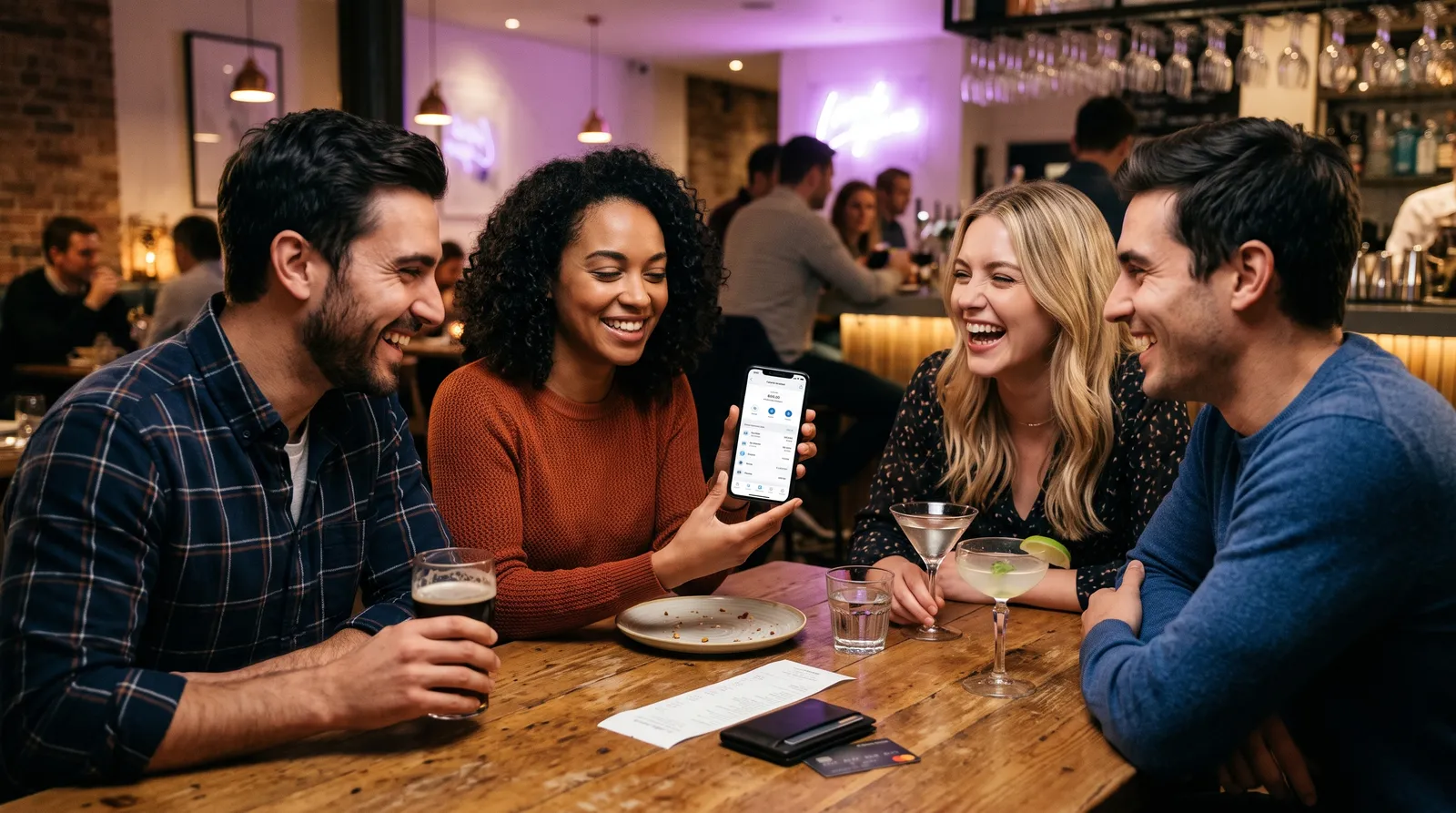 Friends splitting a bill together over dinner