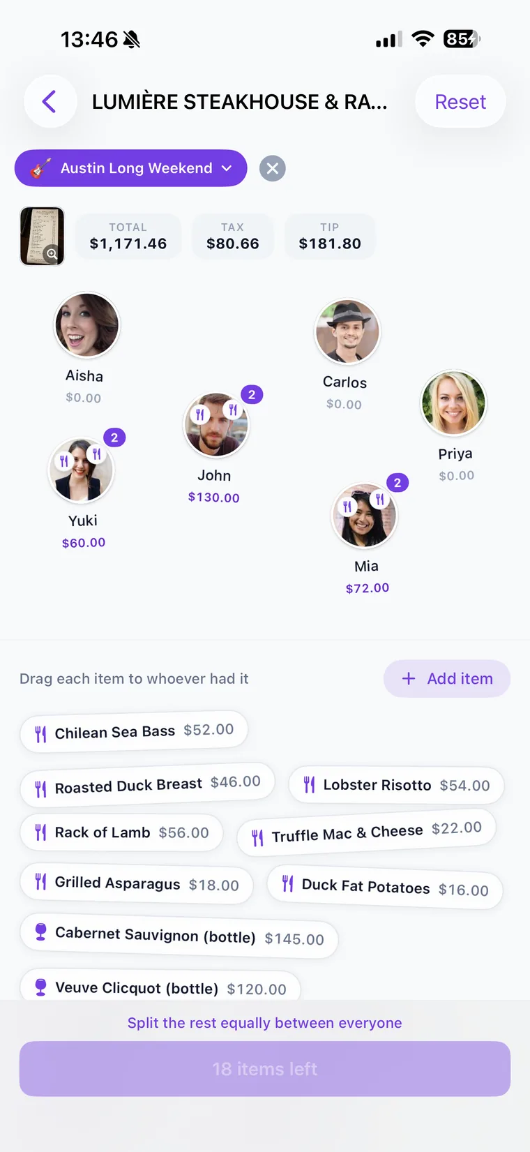 Assigning scanned receipt items to each person in Call It Even