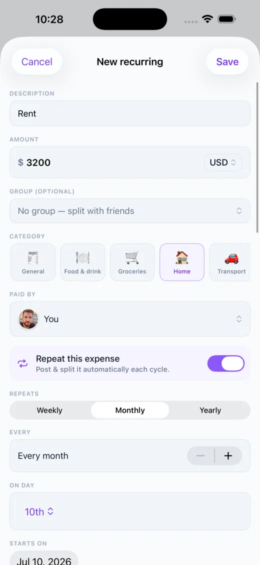 Setting up a recurring expense