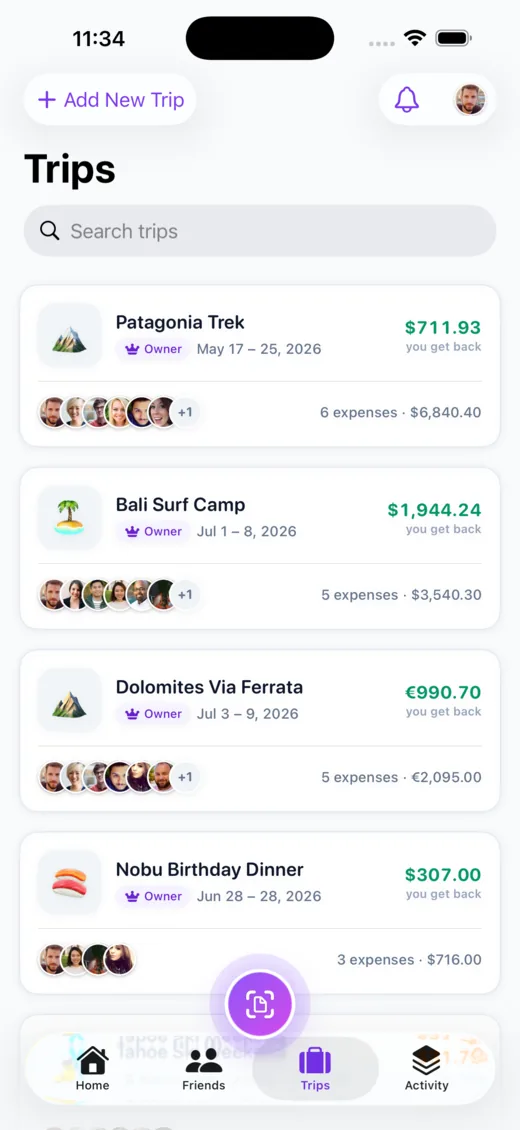 A trip with shared expenses and balances