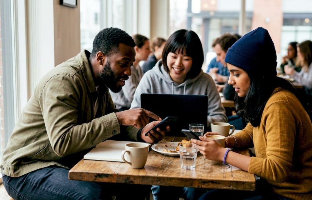 Small group tracking shared expenses at kitchen table