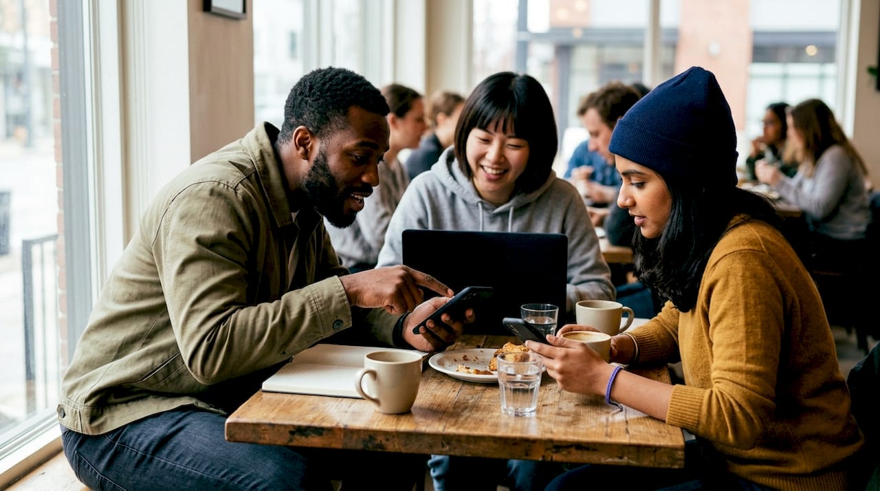 Small group tracking shared expenses at kitchen table