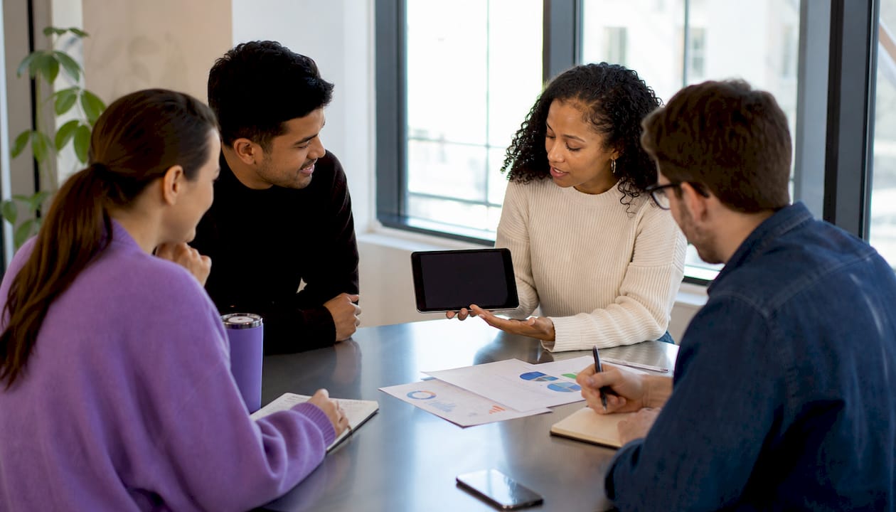 Group discussing shared expenses with app