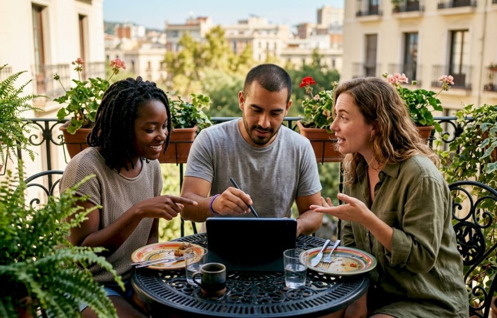 Friends updating group expense ledger at dining table