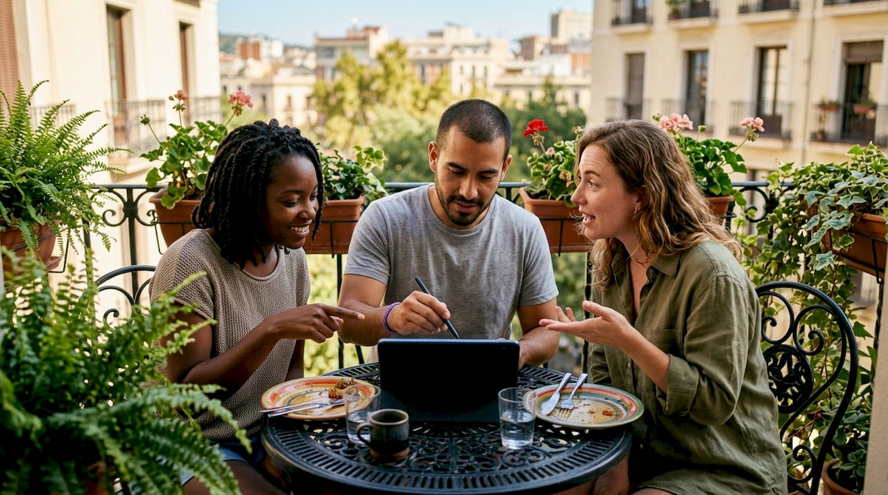Friends updating group expense ledger at dining table