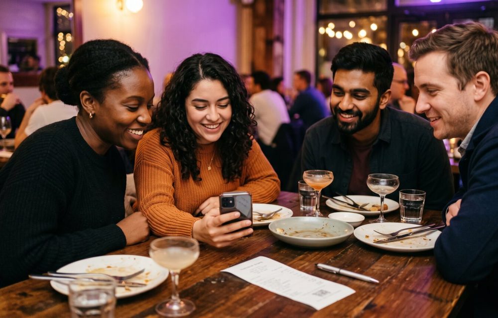 Friends splitting a restaurant bill by item at dinner