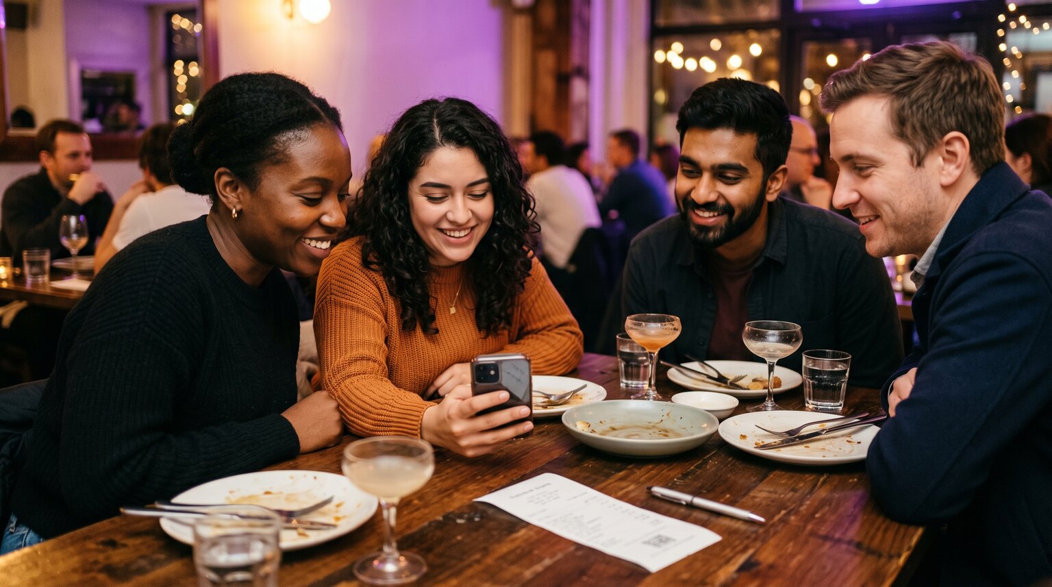 Friends splitting a restaurant bill by item at dinner