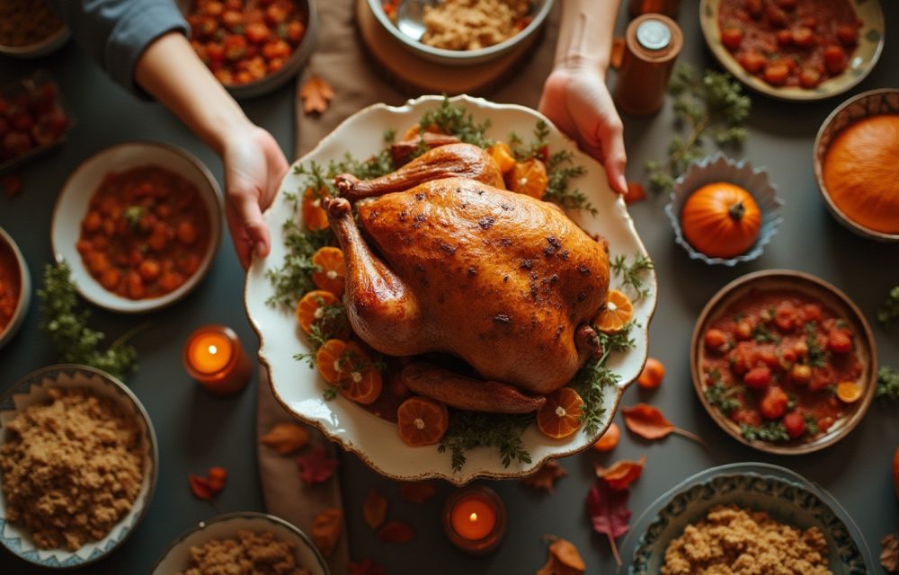 Friends carrying dishes to a Friendsgiving table