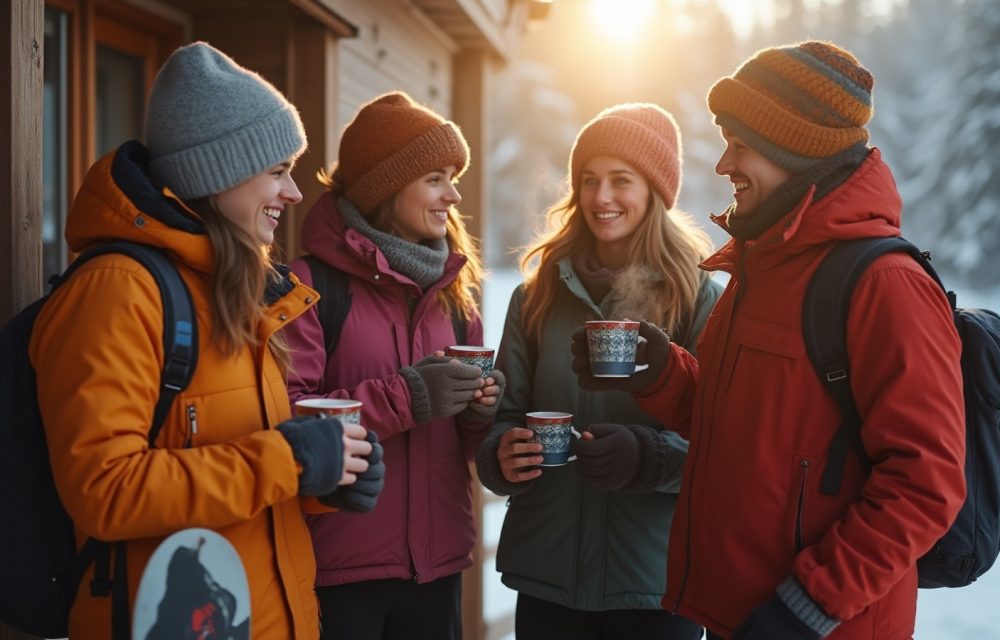Friends with hot drinks after a day on the slopes