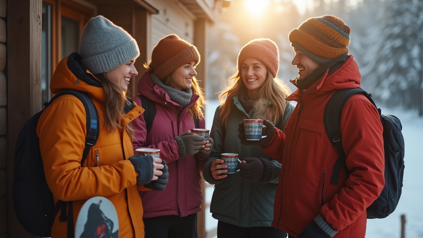 Friends with hot drinks after a day on the slopes