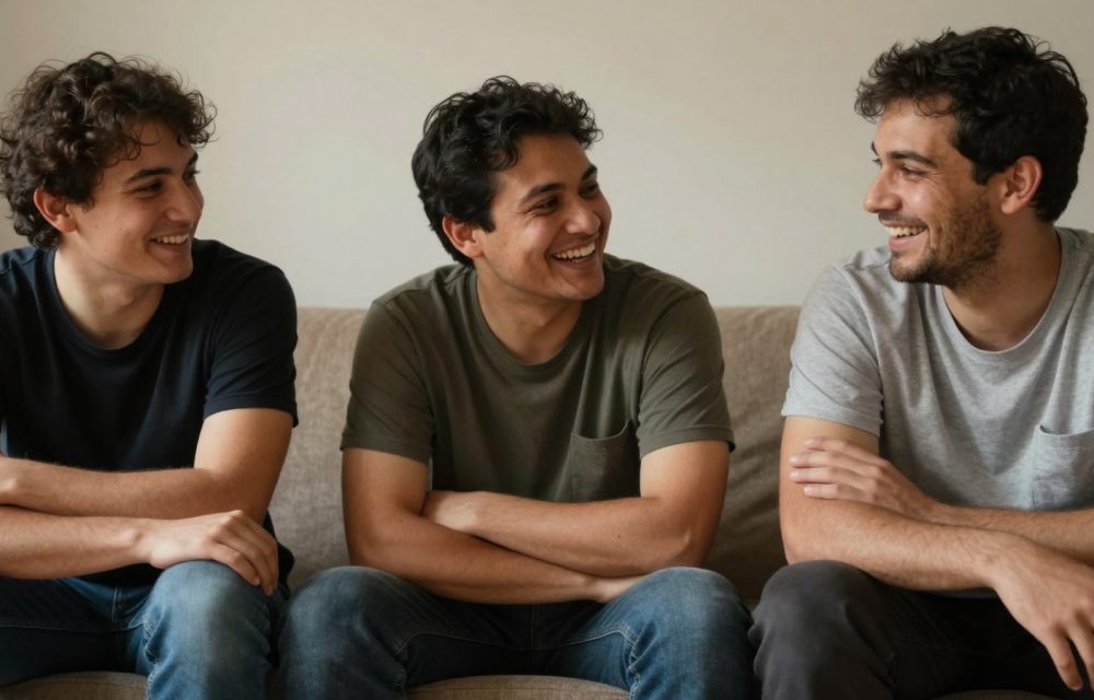 Three friends talking on a sofa