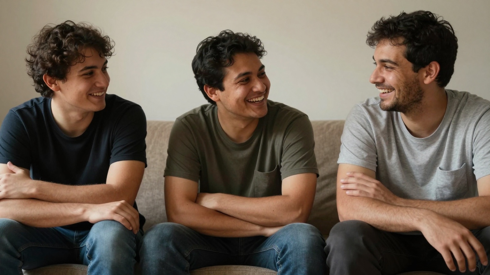 Three friends talking on a sofa
