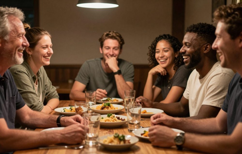 Six friends laughing around a dinner table