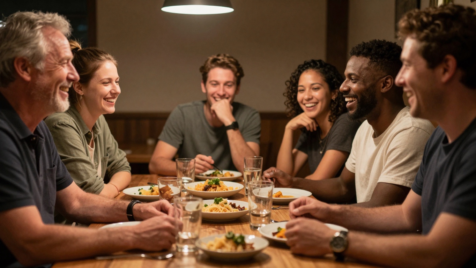 Six friends laughing around a dinner table